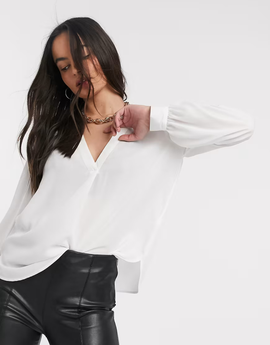 ASOS DESIGN v neck blouse with collar detail in ivory-White | ASOS (Global)