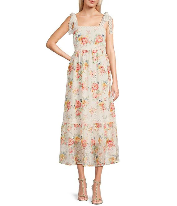 Floral Print Square Neck Ribbon Tie Midi Dress | Dillard's