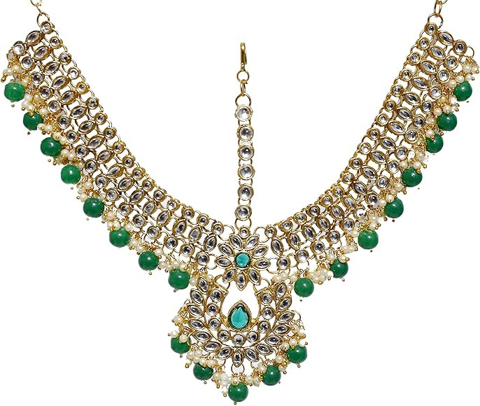 Ethnic Traditional Wedding Bridal Gold Party-wear Kundan Pearl CZ Indian Maang Tikka Matha Patti ... | Amazon (US)