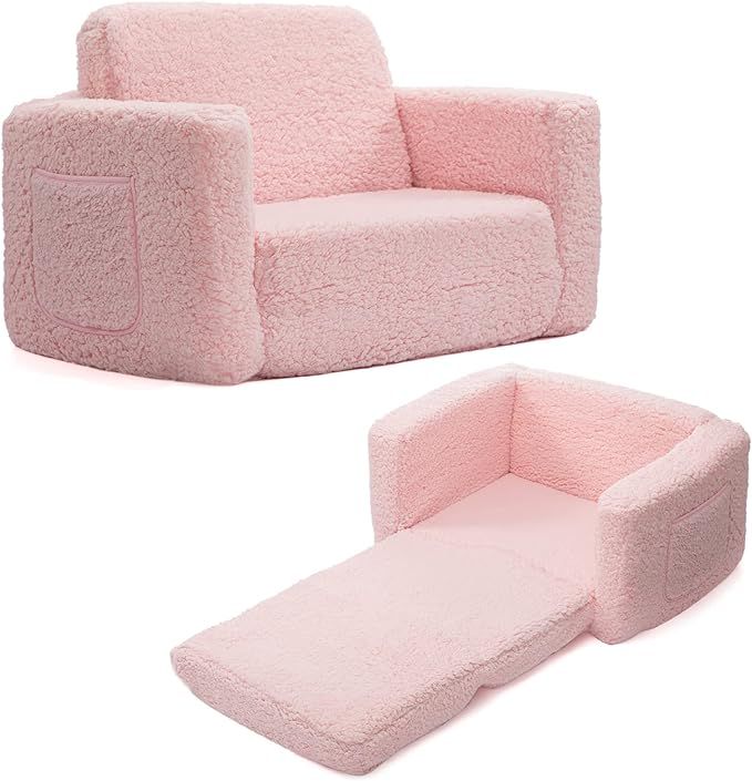 ALIMORDEN 2-in-1 Flip Out Cuddly Sherpa Toddler Couch Convertible Sofa to Lounger, Pink | Amazon (US)