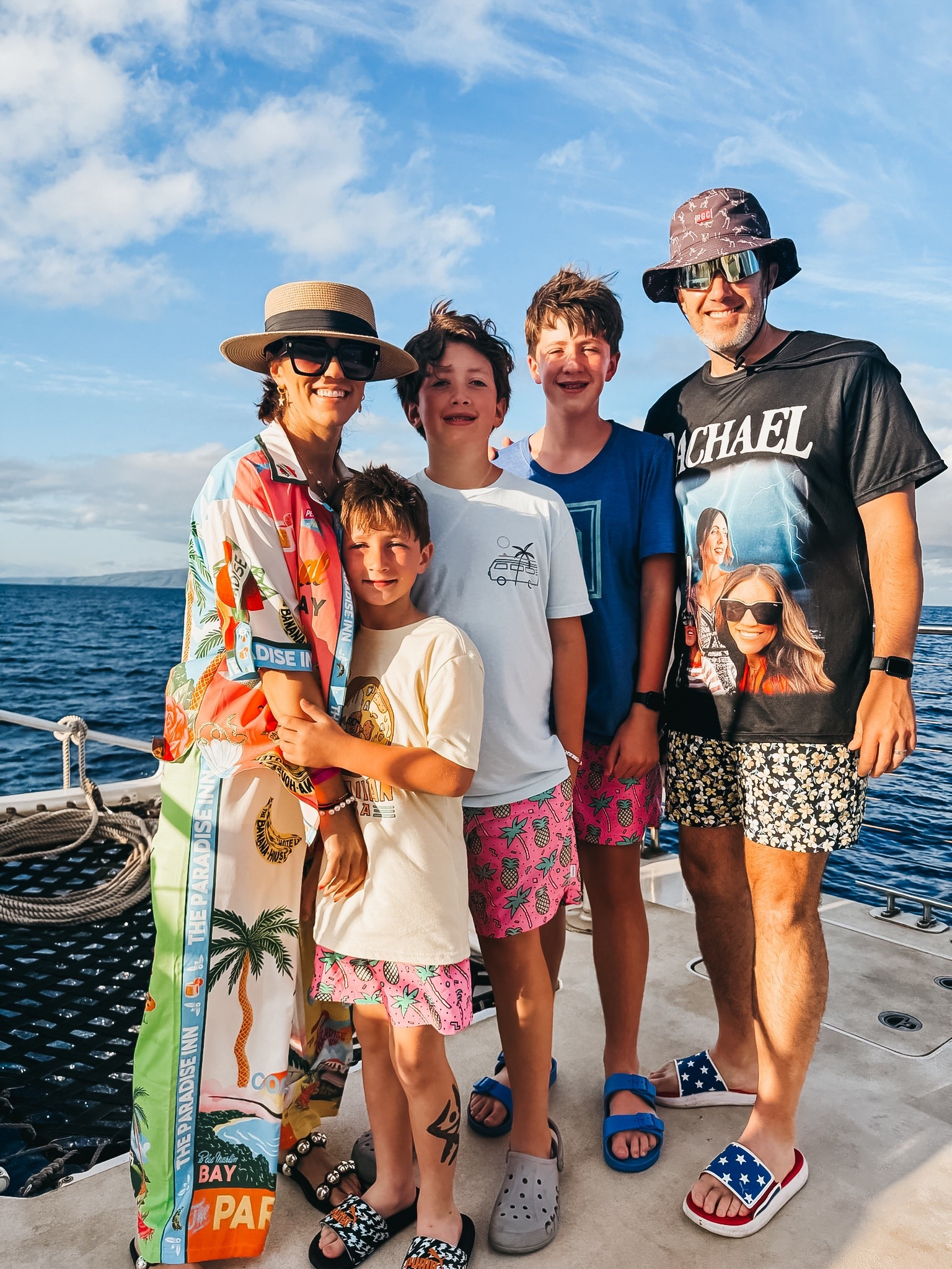 Family boat day in Maui! ⛵️🌊🌺🍹🐠 // pineapple swim trunks 
- tropical 2-piece set with wide leg pants and short sleeve button down (size small)

#LTKStyleTip #LTKFamily #LTKTravel