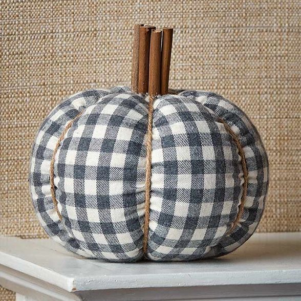 Lakeside Plaid Plush Decorative Pumpkins with Wooden Stem and Jute Wrap | Target