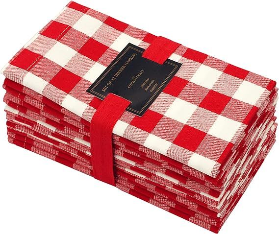 COTTON CRAFT 12 Pack Gingham Checks Oversized Dinner Napkins - Red - Size 20x20-100% Cotton - Tai... | Amazon (US)