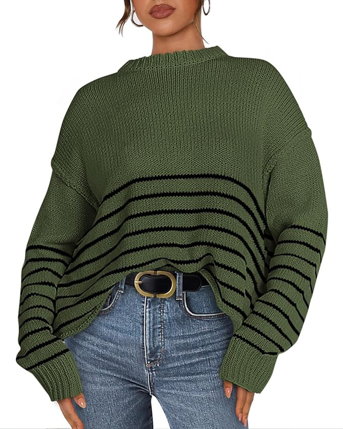 KIRUNDO Womens Fall Fashion Striped Sweater Casual Drop Shoulder Long Sleeve Crewneck Loose Knit ... | Amazon (US)