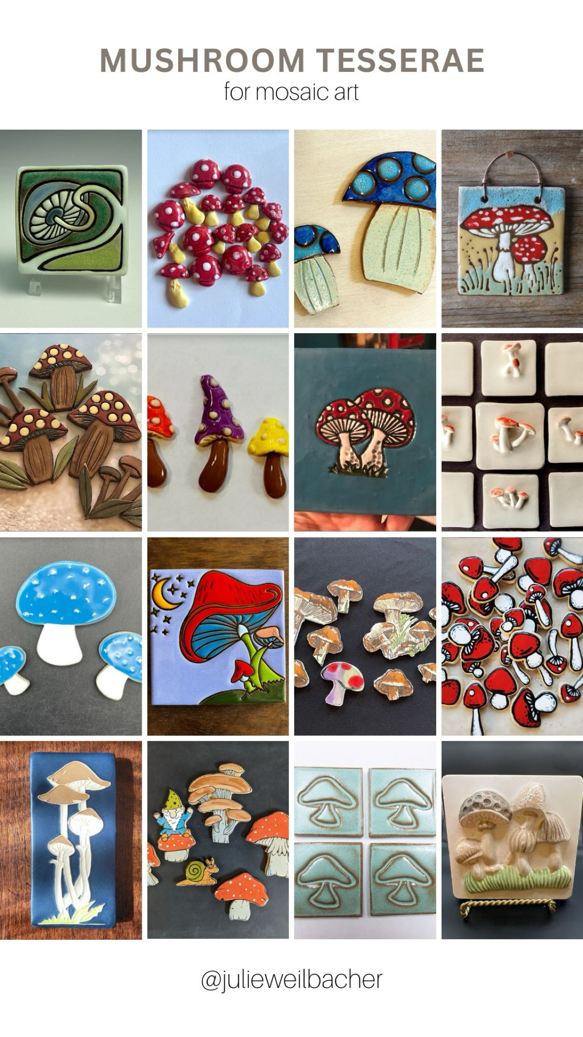 Mushrooms are having a moment…and why wouldn’t they when they’re so cute! 🍄‍🟫 Sharing this collection of mushroom mosaic tesserae in handmade ceramics and broken plates. 🍄‍🟫 For mosaic tips, tutorials, inspiration, and so much more please visit my YouTube channel: YouTube.com/julieweilbacher. Follow @julieweilbacher on Instagram for all things mosaic art. mushroom - mosaic - ceramics - toadstool - mosaic art - mushroom art - funghi - wall tile - handmade tile - kitchen tile - craftsman tile - craft supplies

#LTKFindsUnder100 #LTKHome