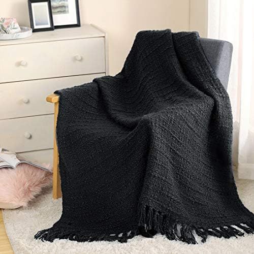 Thick Chunky Black Knit Throw Blanket for Couch Chair Sofa Bed, Chic Boho Style Textured Basket W... | Amazon (US)
