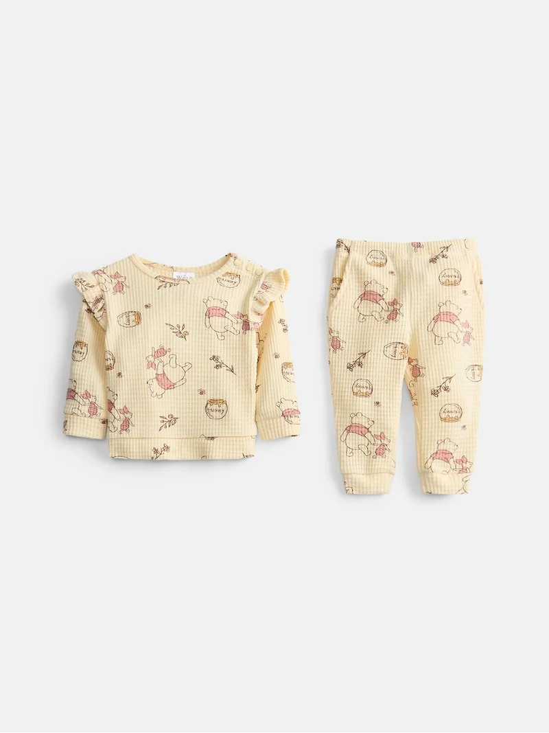 Winnie the Pooh Baby Girls Waffle Knit Top and Pants Set, 2-Piece, Sizes 0M-24M | Walmart (US)