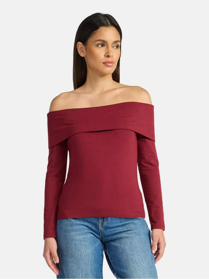 Time and Tru Women’s Fold Over Off Shoulder Top with Long Sleeves, Sizes XS-XXXL - Walmart.com | Walmart (US)