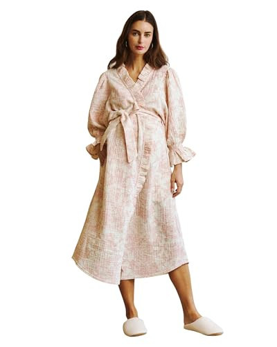 NOTHING FITS BUT 100% Cotton Muslin Maternity Robe, Nursing & Delivery Gown with Adjustable Belt & Puffed Sleeves, Nightgown for Postpartum, Flowy Pregnancy Robe for Moms to Be, Baby Pink, One Size | Amazon (US)
