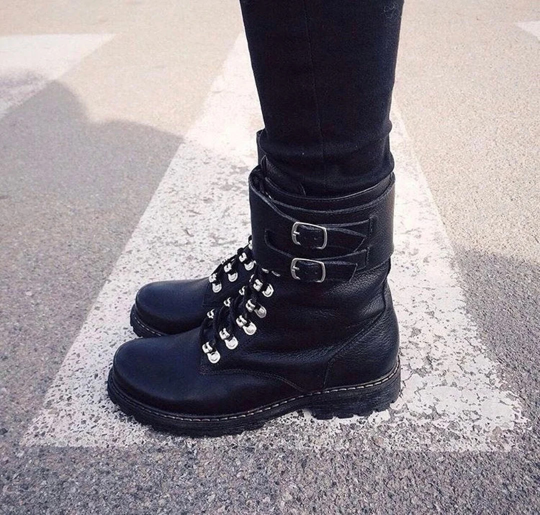 Women Military Combat Boots Brutal Black Leather High Lace up Boots - Etsy | Etsy (US)