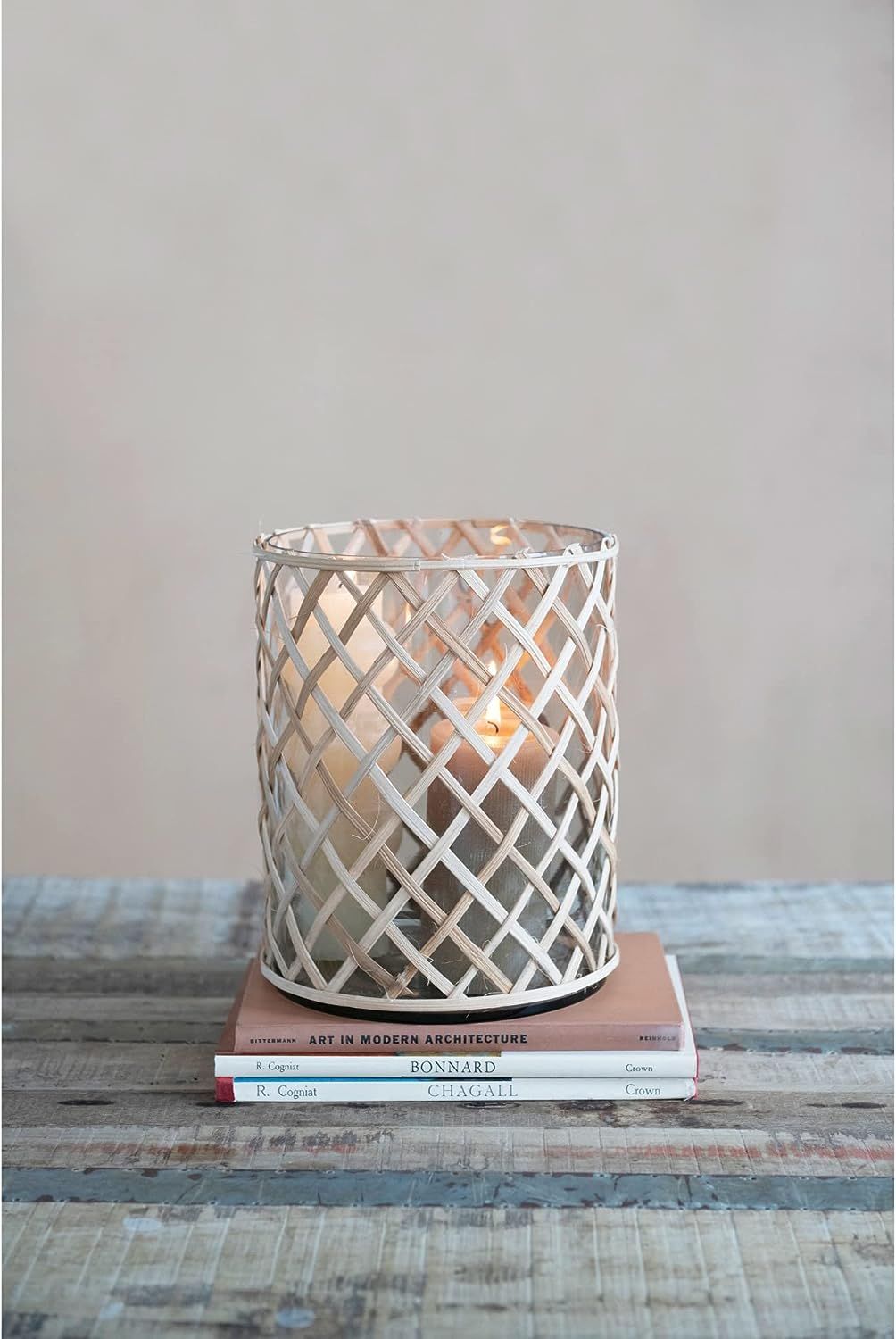 Creative Co-Op Recycled Glass Rattan Wrapped Hurricane Vase, 9" L x 9" W x 11" H, Natural | Amazon (US)