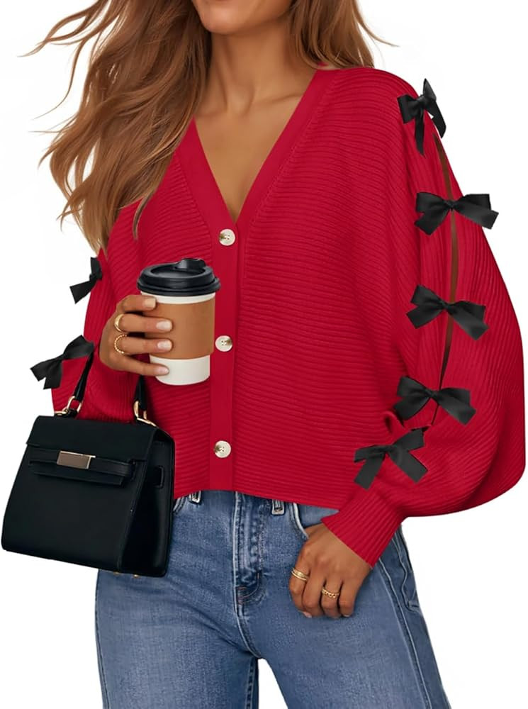 ZESICA Fall Bow Cardigans for Women Trendy 2025 Casual Long Sleeve Button V Neck Knit Sweater Out... | Amazon (US)