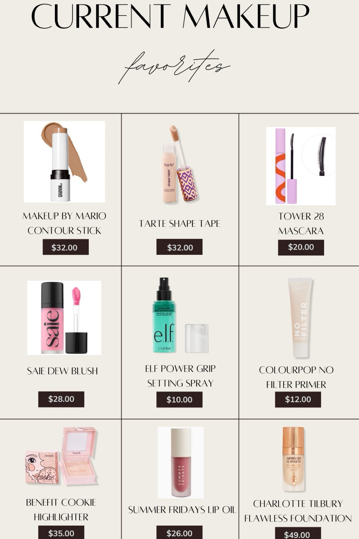 CURRENT MAKEUP FAVS

MAKEUO BY MARIO CONTOUR STICK
TARTE SHAPE TAPE
TOWER 28 MASCARA
SAIE DEW BLUSH
ELF DEW PRIMER PRAY 
COLOURPOP NO FILTER PRIMER 
BENEFIT COOKIE HIGHLIGHTER
SUMMER FRIDAYS LIP OIL
CHARLOTTE TILBURY FLAWLESS FILTER FOUNDATIONN

#LTKSaleAlert #LTKGiftGuide #LTKFindsUnder100