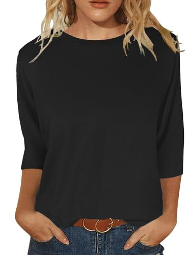 JomeDesign Womens Tops 3/4 Sleeve Shirts Round Neck Loose Casual Blouses Solid Color Tshirts | Amazon (US)