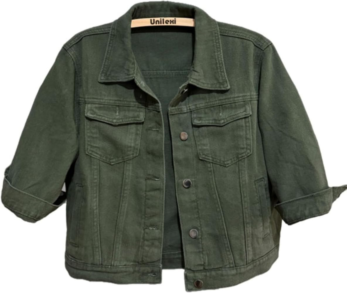 Unilexi Women's 3/4 Sleeve Colored Cropped Denim Jacket Light Wash Short Jean Jacket Trucker Coat | Amazon (US)