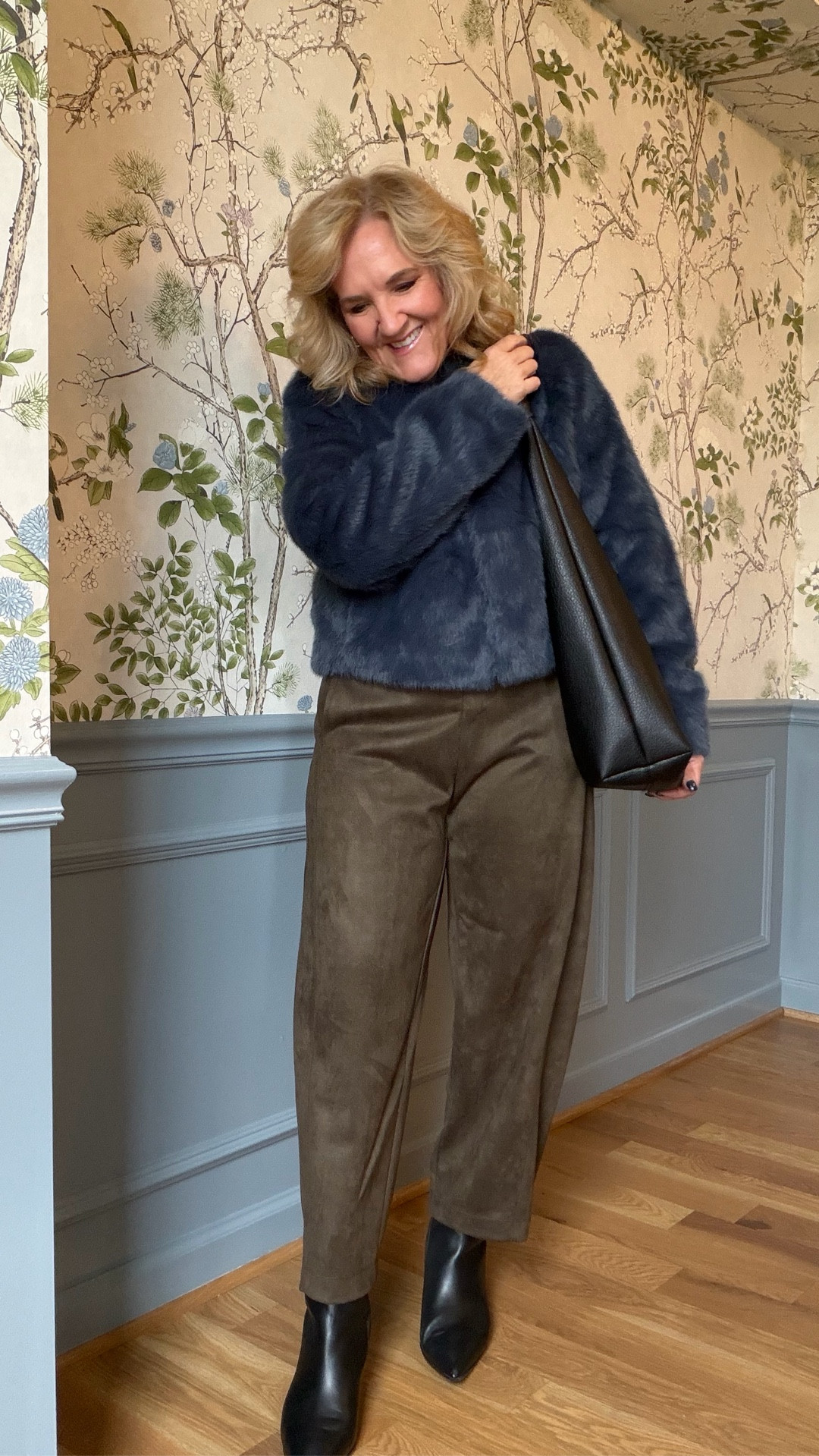 Need a warm outfit for a cold night out! I love this look! Sizes getting limited in the jacket. I’m in a medium. 
Blouse and faux suede barrels size medium 
Favorite black boots I size up 
Love knot slouchy bag is a great add to the look  

#LTKOver40 #LTKPetite #LTKFindsUnder100