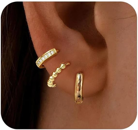 Turandoss Small Gold Hoop Earrings for Women Trendy - 14K Gold Plated Beaded Hoops Hypoallergenic... | Amazon (US)