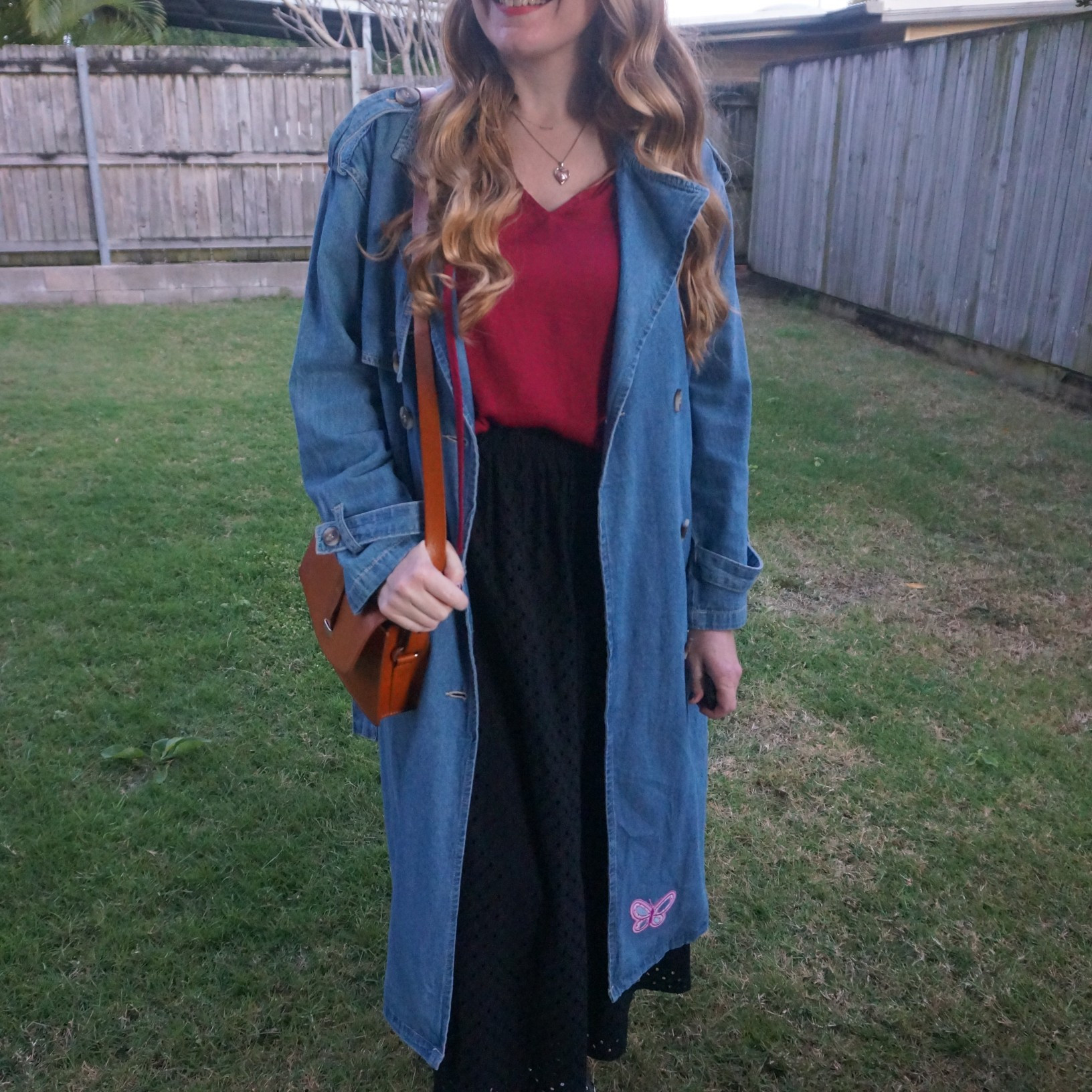 Kmart Anko denim trench coat with broderie maxi skirt, berry blouse and vintage Sezane bag ❤️ 

#LTKworkwear #LTKaustralia
