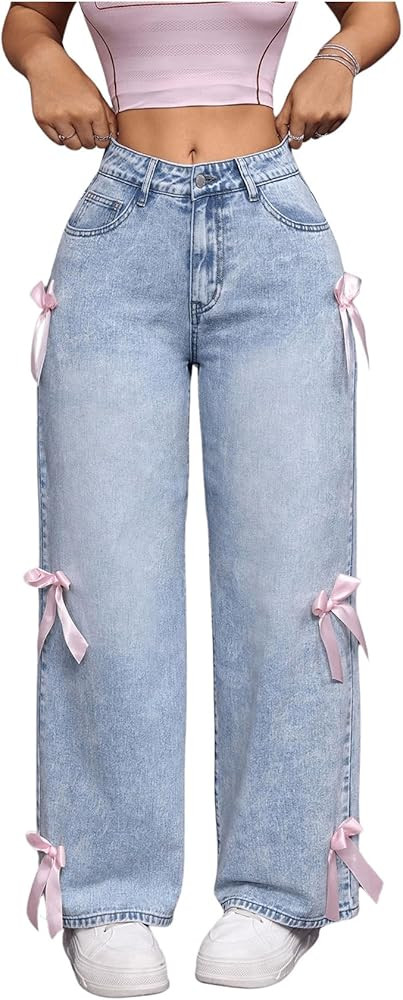 MakeMeChic Women's Bow Knot Zip Up Denim Pants Loose Fit Button Front Straight Leg Jeans | Amazon (US)