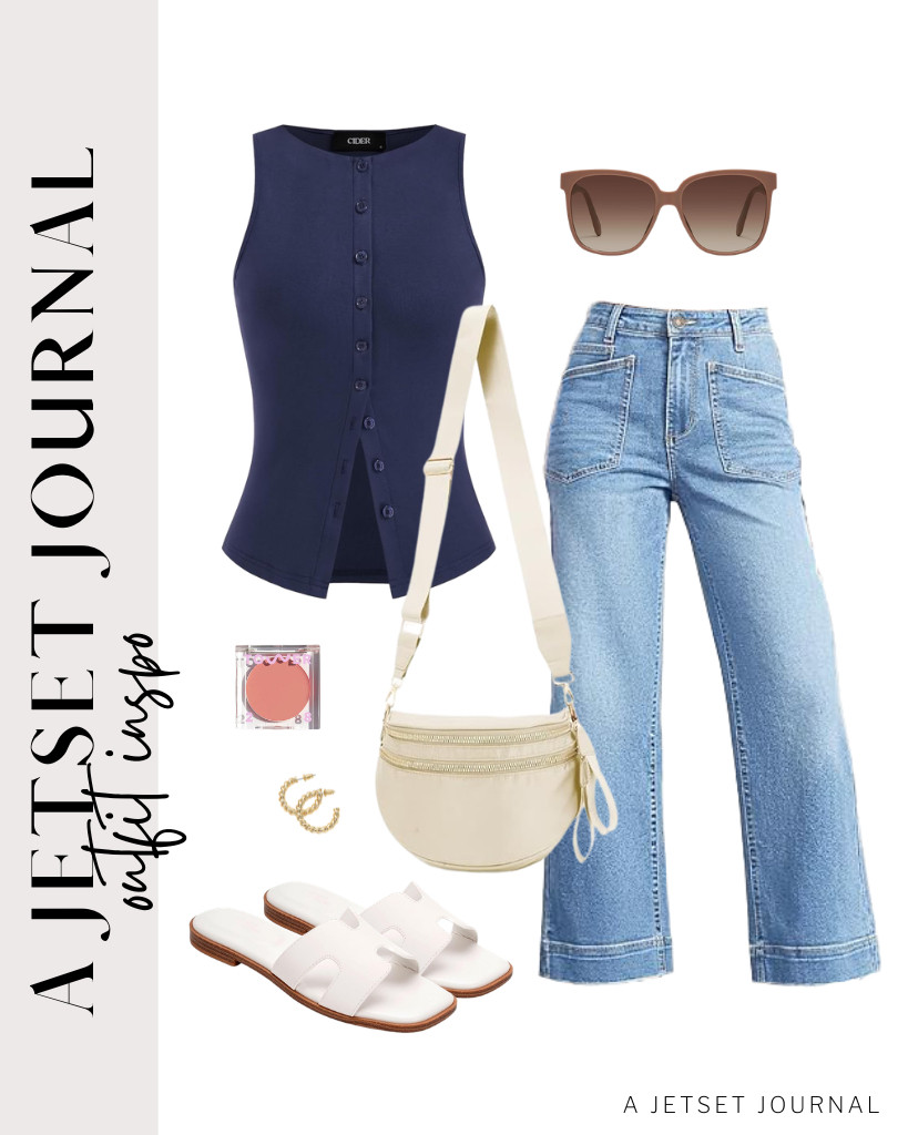 Many are loving this bestseller cream blush from Tower 28, and you can use it for this look, too! Pair a dark navy CIDER tank top with wide-leg jeans, then wear Project Cloud leather sandals. This crossbody bum bag also pairs well with this look, as do these gold hoop earrings.

#LTKSeasonal #LTKSaleAlert #LTKTravel
 

 