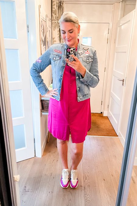 A cyclamen shirt dress (Shoeby, xl) paired with a Vintage Levi’s trucker jacket that I embellished with patches and chunky sneakers. 

#LTKstyletip #LTKmidsize #LTKworkwear