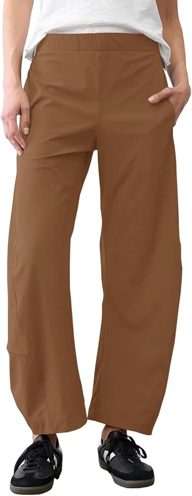 Womens Elastic Waist Ankle Pants Baggy Curved Tapered Leg Barrel Travel Pants with Pockets | Amazon (US)