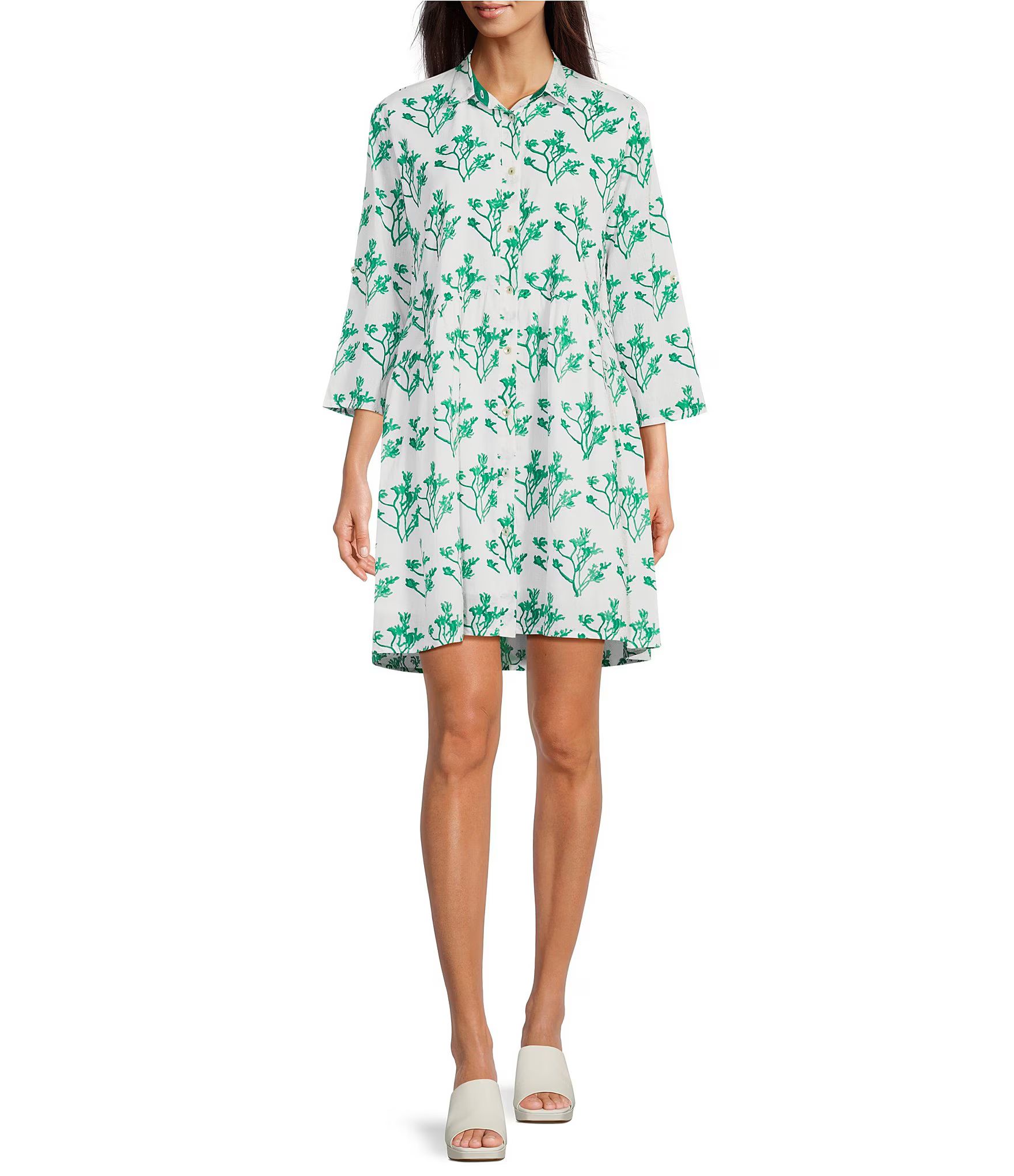 Ro's Garden Deauville Floral Point Collar 3/4 Sleeve Button Front Shirt Dress | Dillard's | Dillard's
