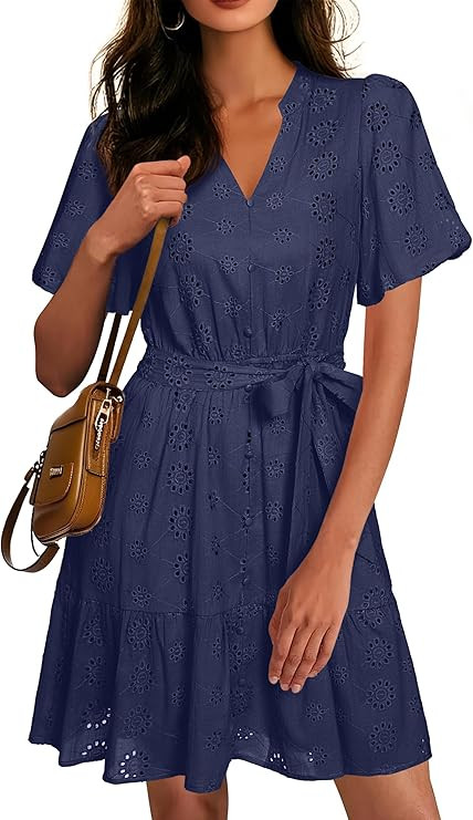 Simplee Womens 2026 Summer Mini Dress Eyelet V Neck Short Sleeve Hollow Out Belted Beach Vacation... | Amazon (US)