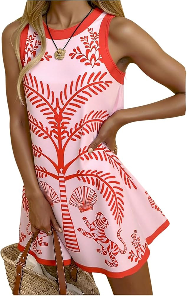 Floerns Women's Summer Holiday Mini Dress Graphic Sleeveless Tank Crew Neck Beach Vacation Sundre... | Amazon (US)