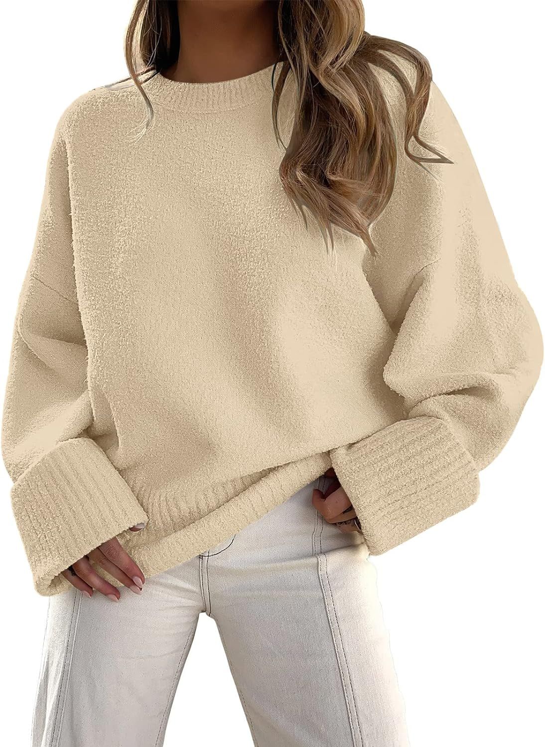 EFAN Women's Crewneck Long Sleeve Oversized Fuzzy Knit Chunky Warm Pullover Sweater Top | Amazon (US)