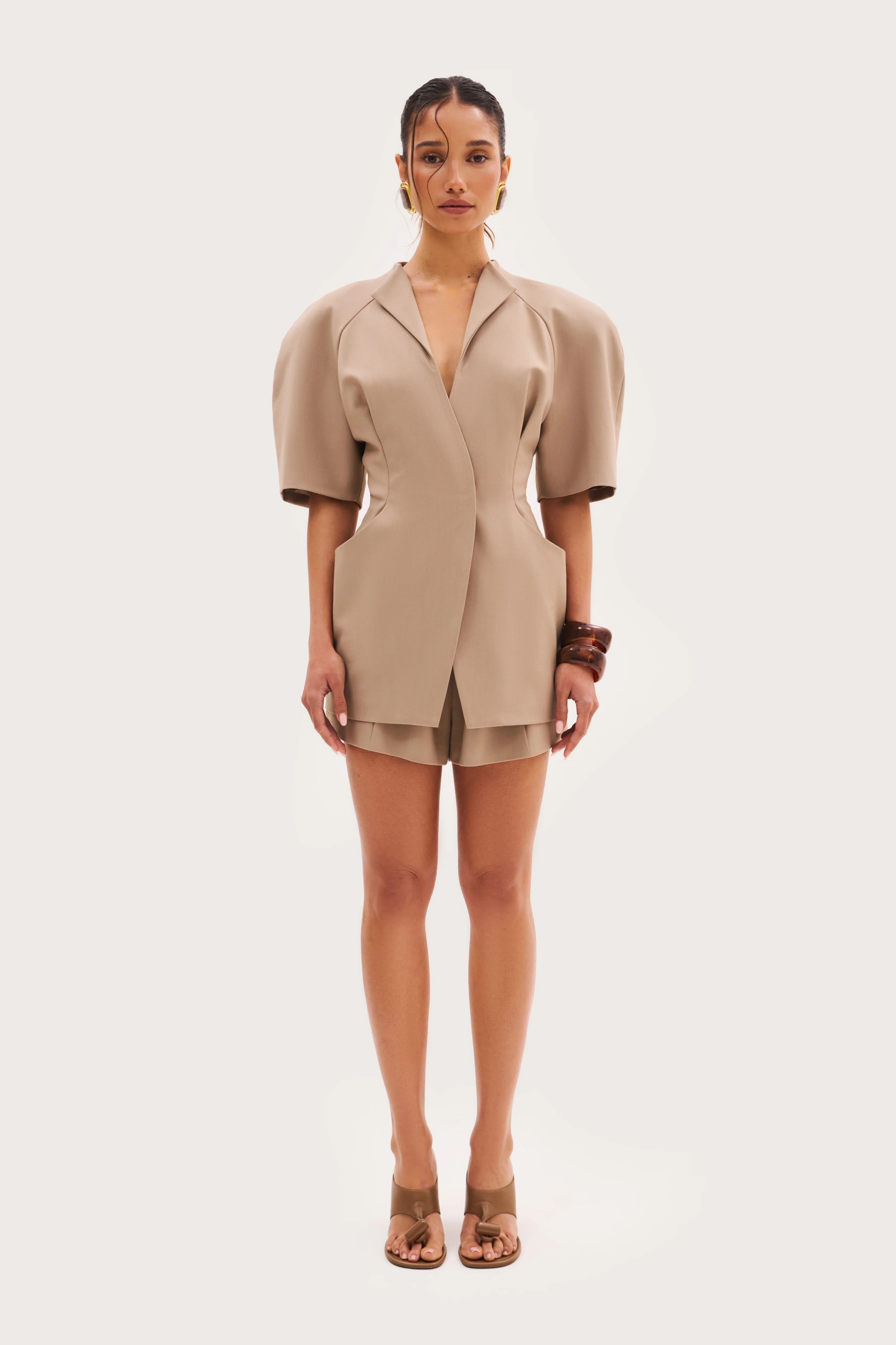 Short Sleeve Blazer - Taupe | Maebe UK
