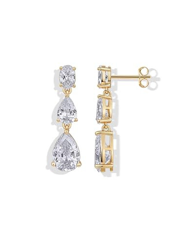 PAVOI 14K Yellow Gold Plated Cubic Zirconia Dangle Earrings for Women - Crystal Long Linear Bridal Drop Earrings - Triple CZ Pear Simulated Diamond Drop Dangle Wedding Jewelry for Brides & Bridesmaid | Amazon (US)