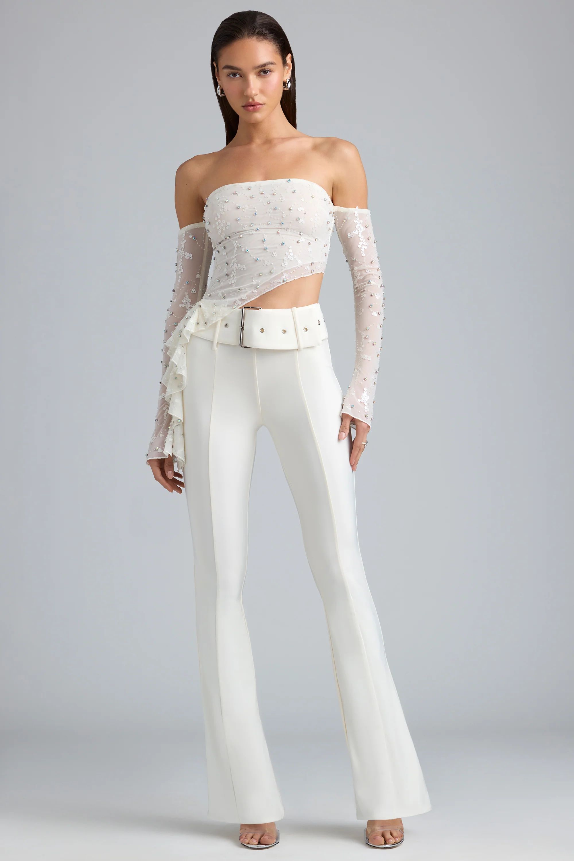Metallic Belted Mid-Rise Flared Trousers in Ivory | Oh Polly