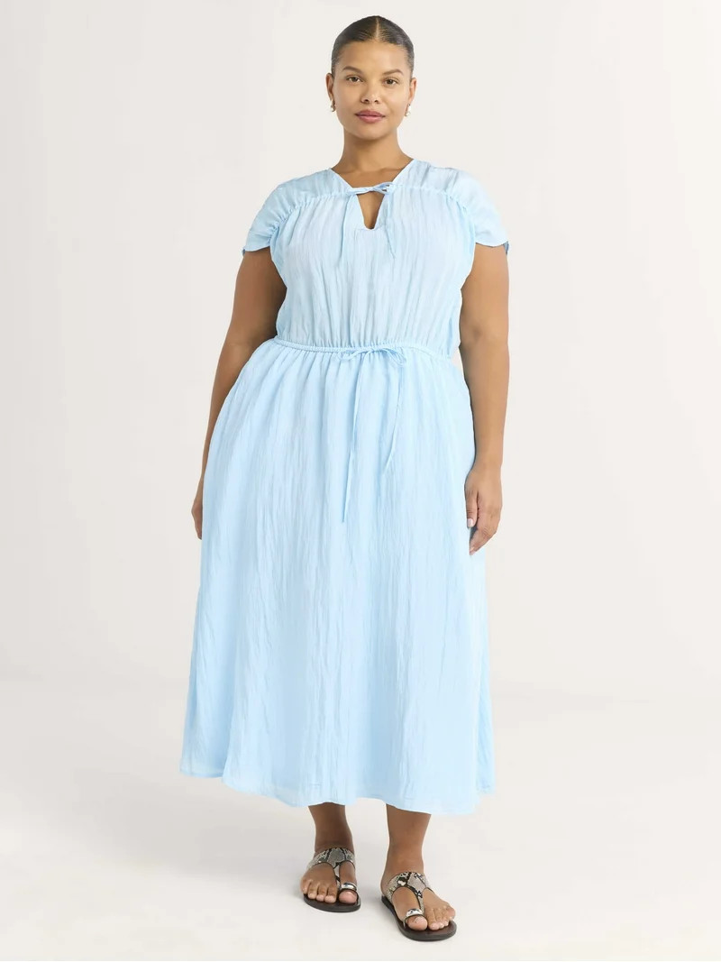 Scoop Women’s V-Neck Crinkle Midi Dress, Sizes XS-4X | Walmart (US)