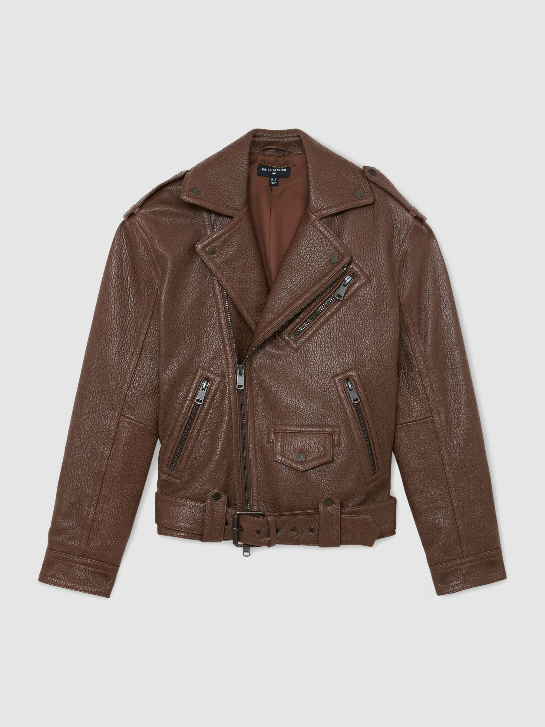 Reiss Atelier Grained-Leather Oversized Biker Jacket in Chestnut Brown - REISS | Reiss UK