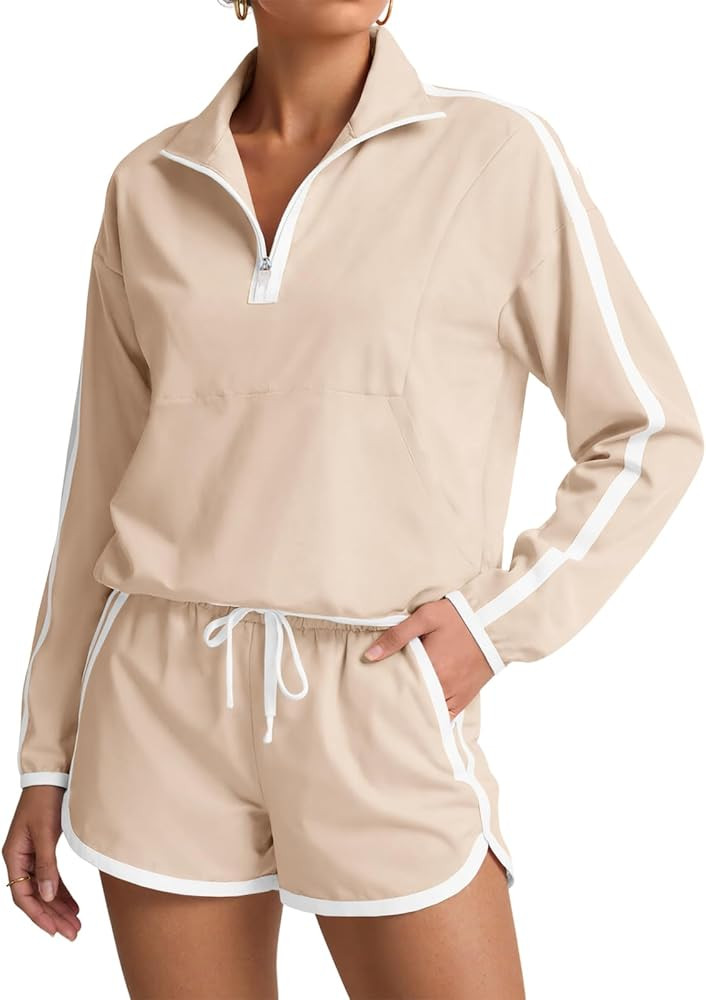 Fisoew Womens 2 Piece Outfits UPF 50+ Lightweight Windbreaker Jacket Athletic Short Sets Outdoor ... | Amazon (US)