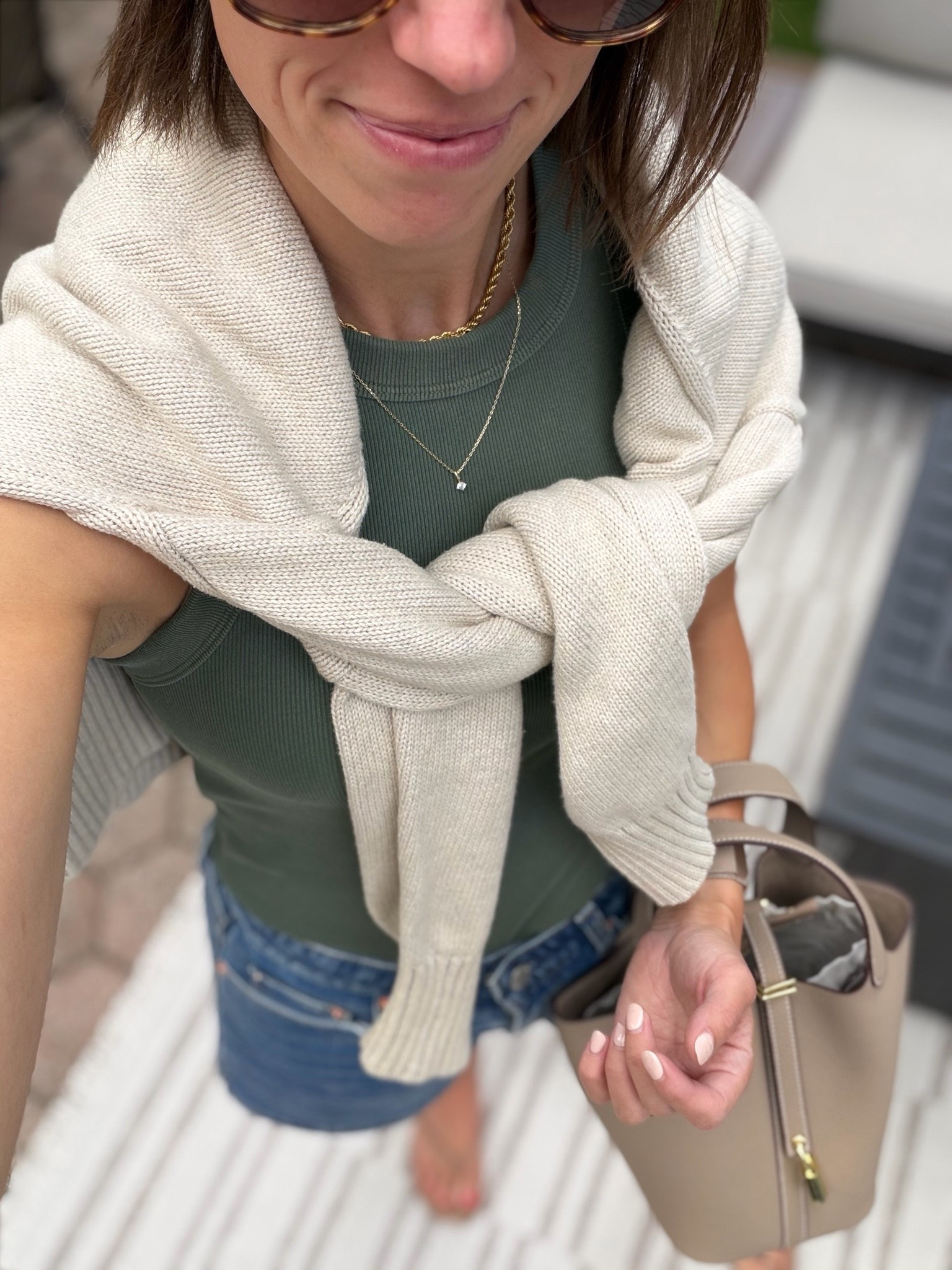 I love this sweater from @onequince! Amazing quality, this neutral color goes with everything, and it’s such a great weight. Transitions perfectly from summer to fall! 

Wearing a size S in the tank and sweater. Sized up to a 4 in the shorts.

#LTKootd