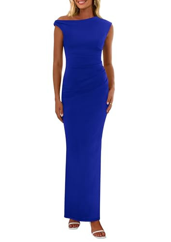 PRETTYGARDEN Women's 2026 Summer Formal Maxi Dresses Sleeveless One Shoulder Bodycon Ruched Mesh Wedding Guest Cocktail Dress (Bright Blue,X-Large) | Amazon (US)