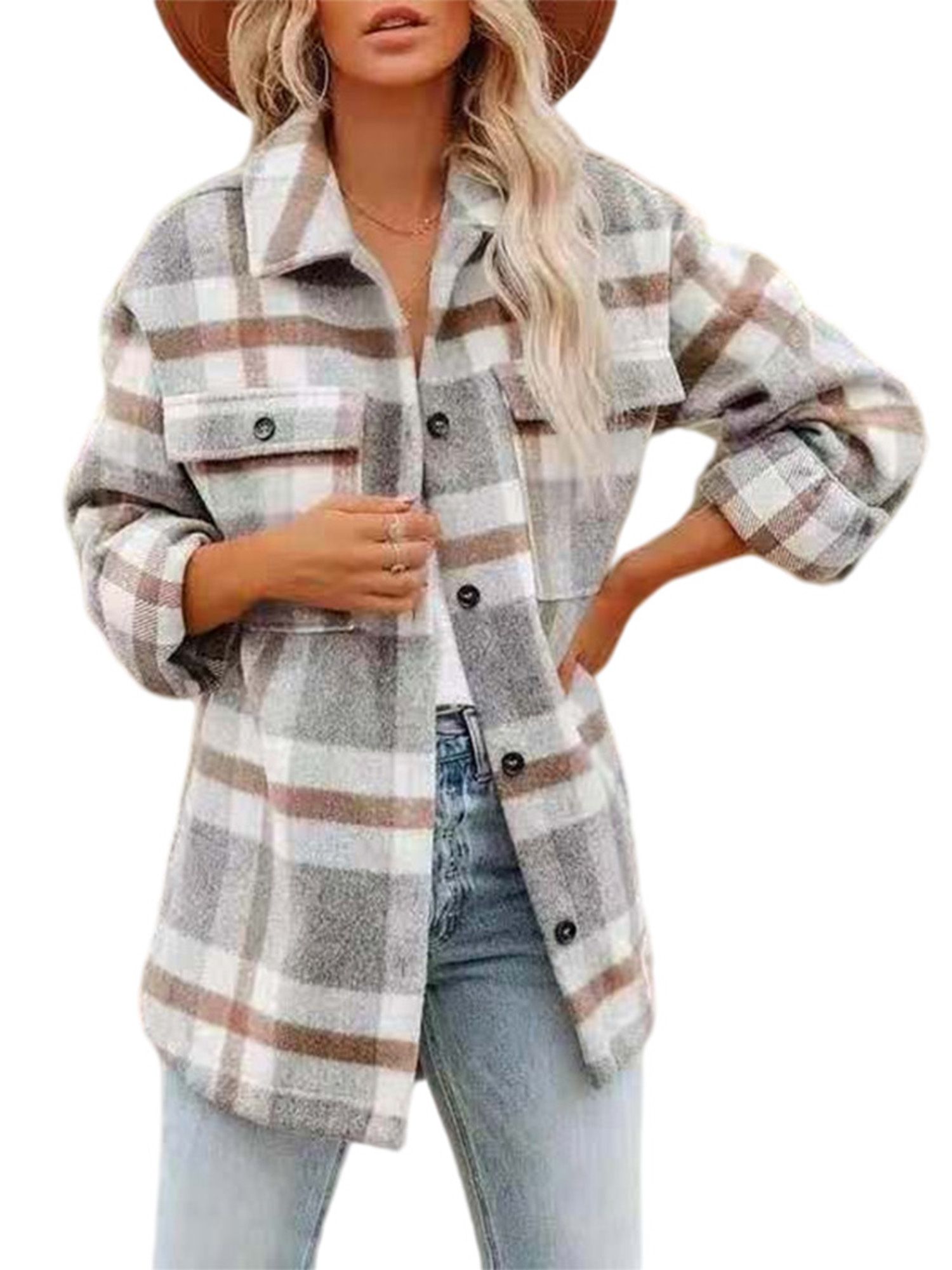 Sexy Dance Women Plaid Jacket Long Sleeve Lapel Button Down Shackets with Pockets | Walmart (US)