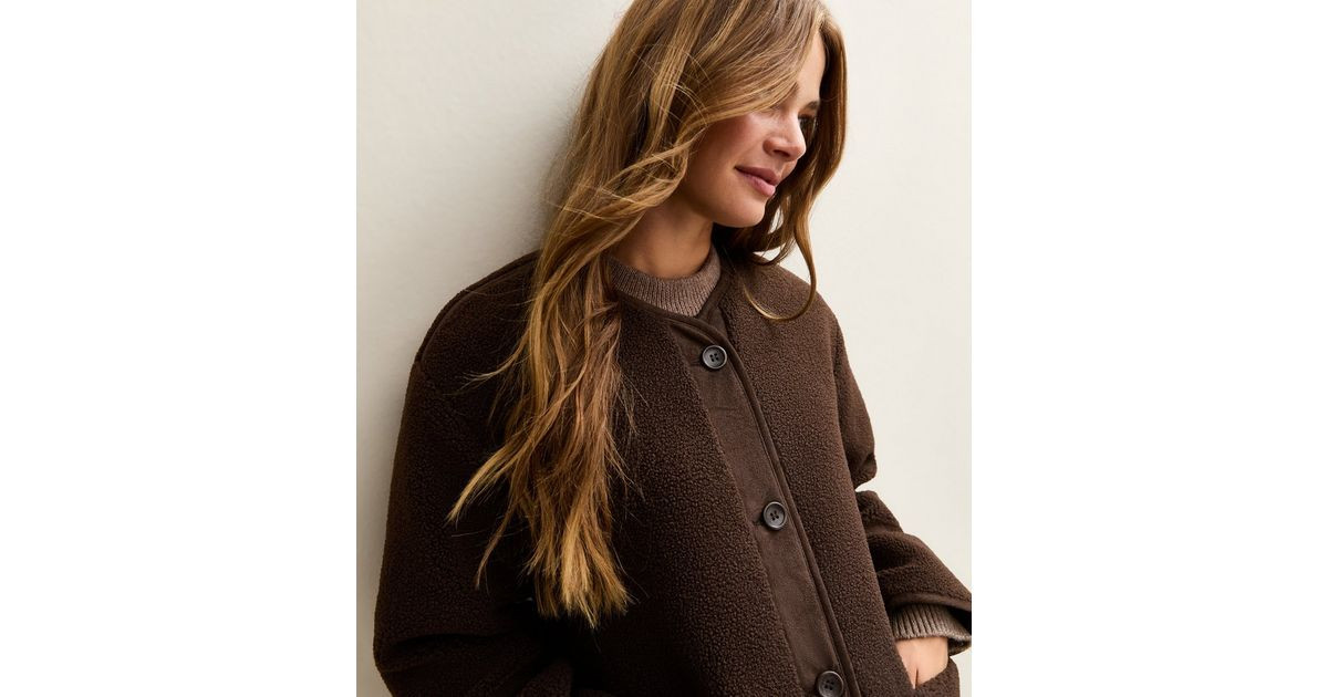 Dark Brown Borg Button Through Jacket | New Look | New Look (UK)