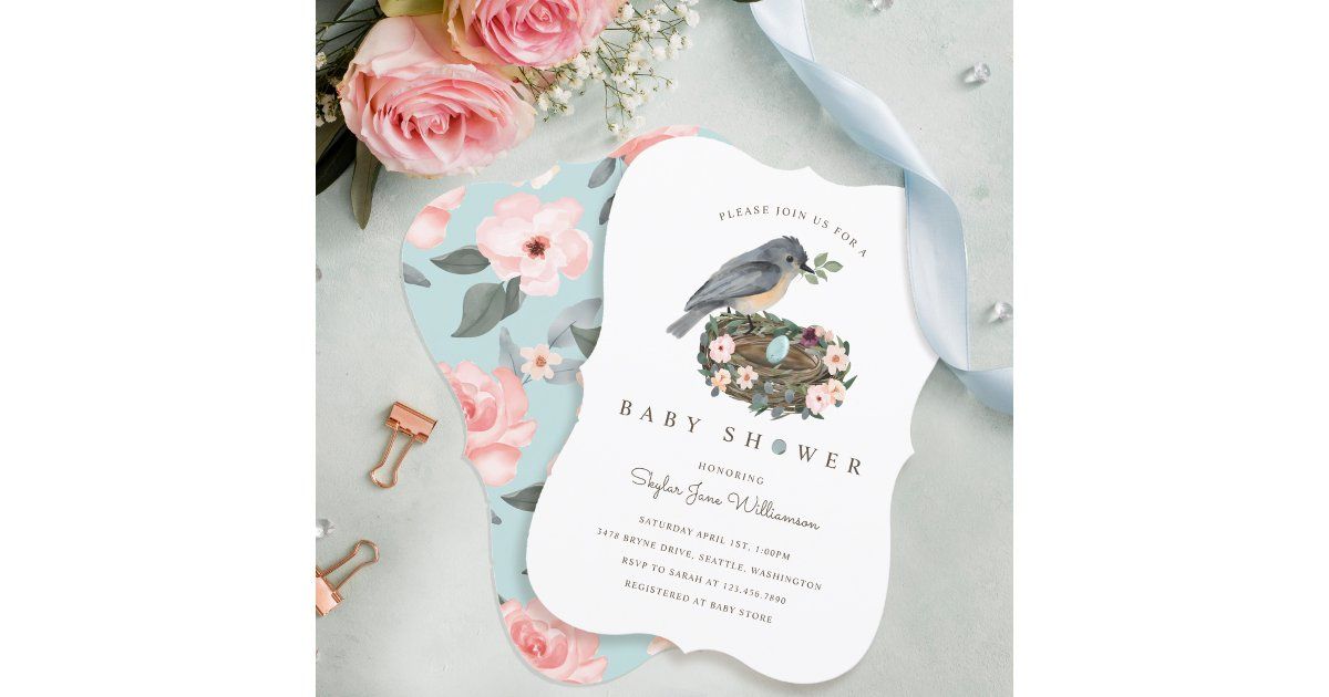 It's A Girl Blue Floral Bird's Nest Baby Shower Invitation | Zazzle | Zazzle