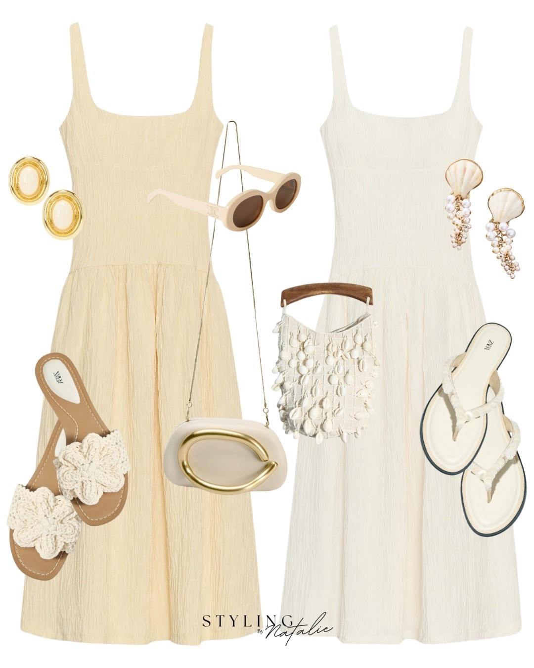 Midi dresses- butter yellow shirred midi dress, cream dress, crochet sandals, pearl crossbody bag, beaded strap sandals, celine sunglasses, beaded earrings, Zara new in, summer dresses, vacation outfit 

#LTKstyletip #LTKuk #LTKdresses