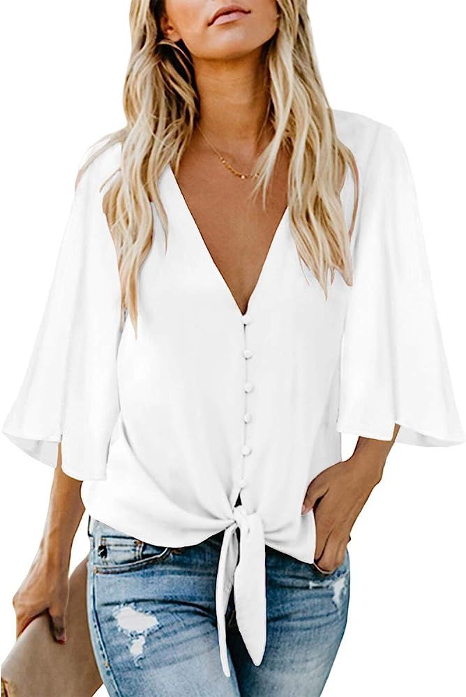 Women's V Neck Tops Ruffle 3/4 Sleeve Tie Knot Blouses Button Down Shirts | Amazon (US)