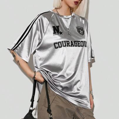 Women's Summer Over Size Graphics Sports Jersey T-Shirt With Metallic Silver For Music Festival And Sportswear | SHEIN