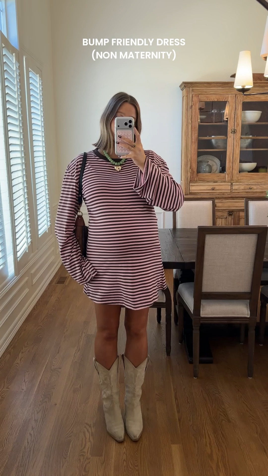 Dress size 10 I’m 5’ 5” and it’s such a perfect length!! If I wasn’t pregnant I would do an 8. Stick with true size. Boots true to size probably my most worn cowboy boots ever!! Amazon necklace for a pop of color 

#pregnancystyle #bumpstyle #stripeddress #bresheppard #princesspolly 