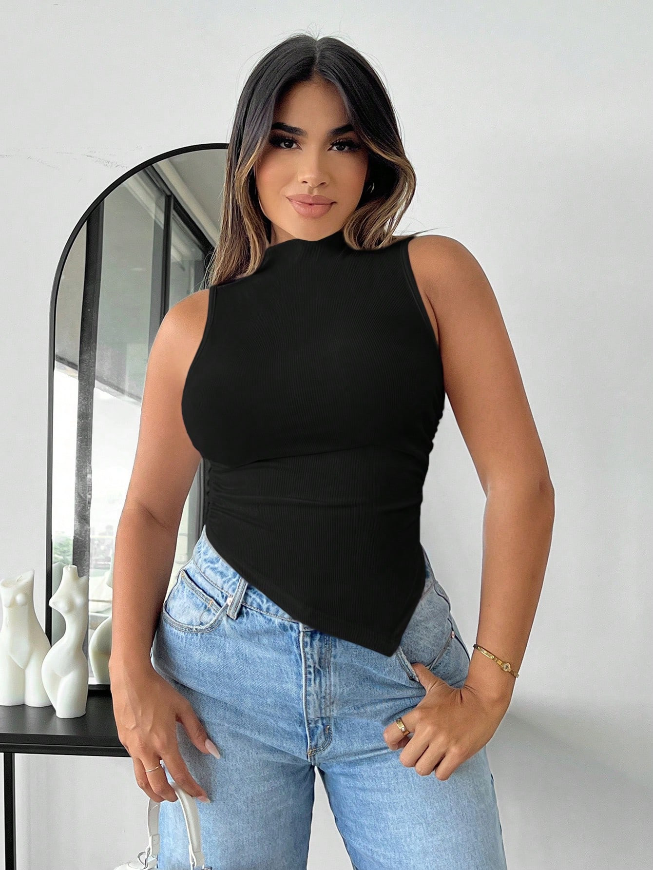 SHEIN SXY Summer Sexy Mock Neck Asymmetrical Hem Tank Top | SHEIN USA | SHEIN
