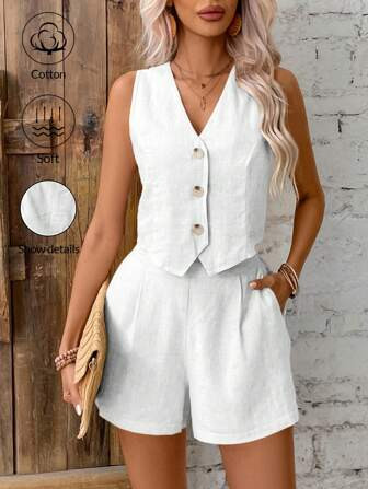 SHEIN Frenchy Summer Casual Commute Front Button Vest And Shorts Set  V-Neck Vest  Fall Clothes W... | SHEIN