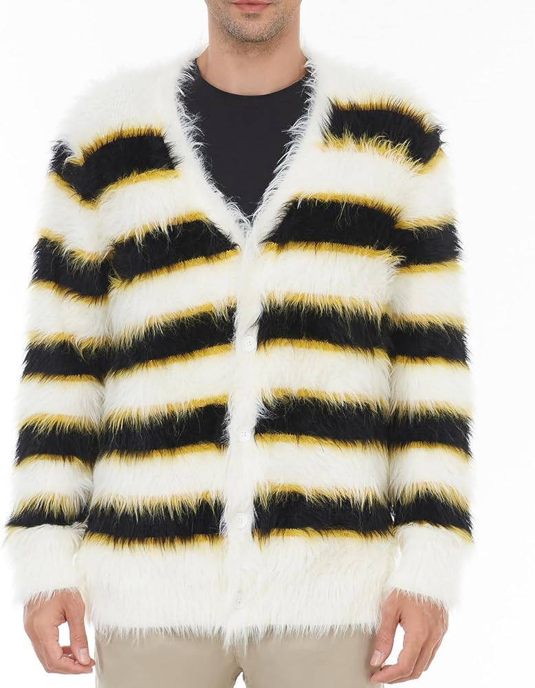 SINAR Men's Casual Fuzzy Cardigan Sweater Long Sleeve Soft Striped Knitwear Winter Warm Cardigan ... | Amazon (US)