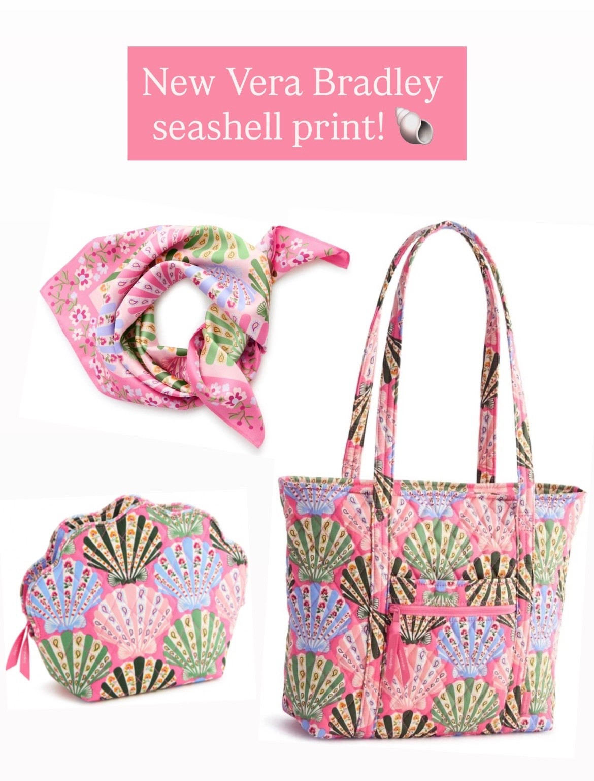 New Vera Bradley seashell print! 

Summer
Tote bag 
Duffel bag 
Travel 
Silk scarf 
Cosmetics bag 

#LTKSeasonal #LTKTravel