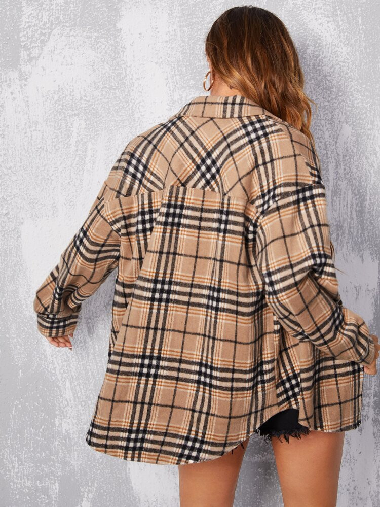 SHEIN Plaid Button Through Drop Shoulder Coat | SHEIN